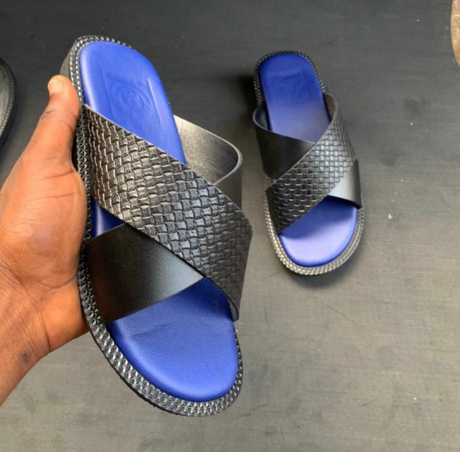 Ghana Made Men's Slippers (Weaved Black & Blue) 1 Ghana Made Men's Slippers (Weaved Black & Blue)