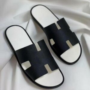 Ghana Made Men's Slippers ("H" Designed Black & White Leather)