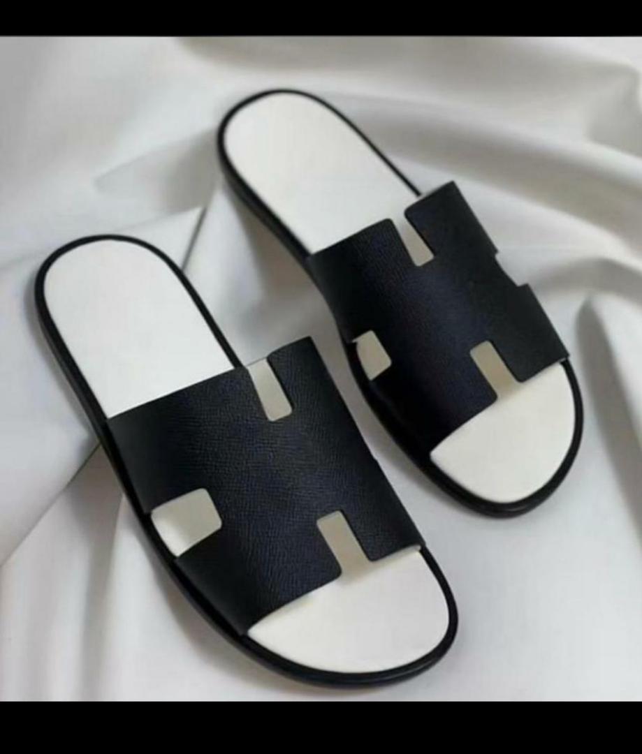 Ghana Made Men's Slippers ("H" Designed Black & White Leather) 1 Ghana Made Men's Slippers ("H" Designed Black & White Leather)