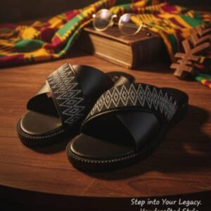 Ghana Made Men's Slippers (Black Design Leather)